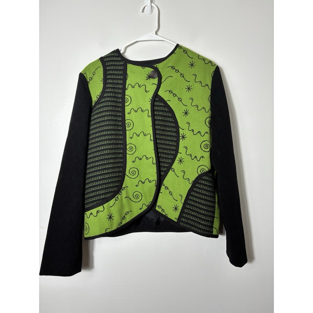 Canvasbacks Jacket Women's M Green Black Witchy Wool Blend One Button Artsy